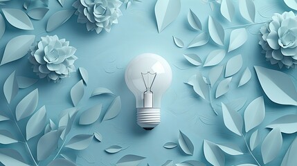 Light bulb centerpiece among paper flowers on blue. - obrazy, fototapety, plakaty