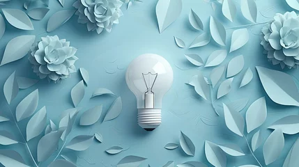 Foto op Plexiglas Light bulb centerpiece among paper flowers on blue. © AdriFerrer