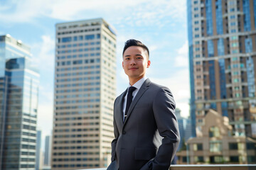 Fototapeta na wymiar Young Asian Businessman in Suit Standing Before Urban Skyline: Corporate Success Concept