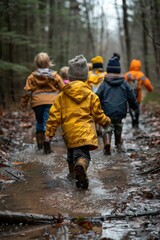 Child in yellow raincoat walking with family in wet forest.