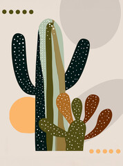 Abstract contemporary background with saguaro, prickly pear desert cactus in neutral colors. 