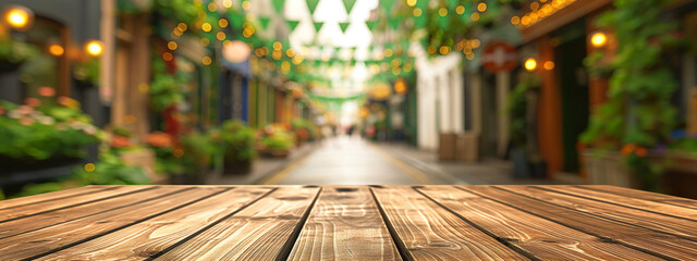 Obraz premium Wooden empty tabletop on blurred city street background with green holiday garlands and St. Patrick's Day flags