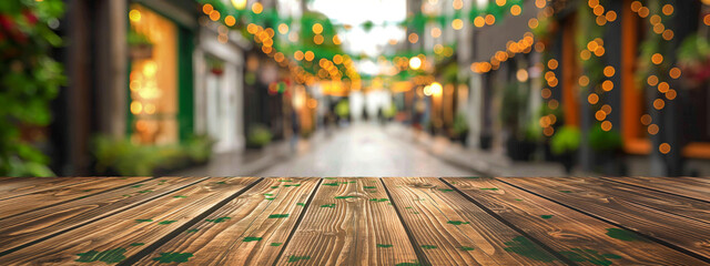 Fototapeta na wymiar Сoncept holiday St. Patrick's Day. Wooden empty tabletop on blurred Irish city street background.