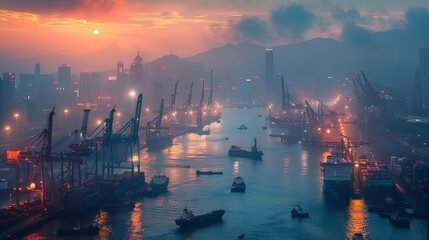 View of a bustling cargo port with container ships and cranes, reflecting lights on water. - obrazy, fototapety, plakaty