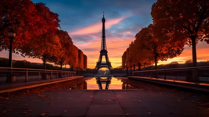 Papier Peint photo Paris Splendid Twilight View of the Eiffel Tower Dominating the Picturesque Parisian Cityscape during Autumn
