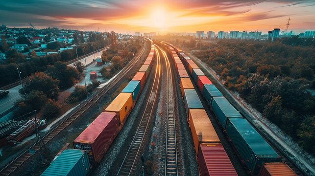 Stunning sunset skies over a busy rail freight station lined with various cargo trains.