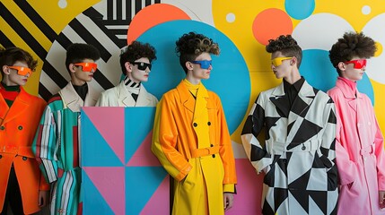 Models in bold colorful fashion against a geometric background.