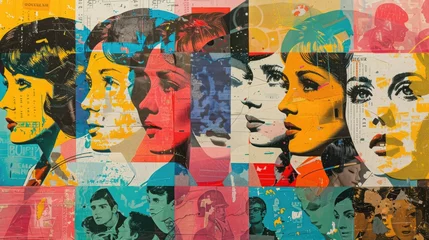 Fototapete Retro-styled female portraits in a vibrant, pop-art collage. © AdriFerrer