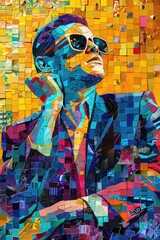 Colorful mosaic-style artwork of a man with sunglasses.