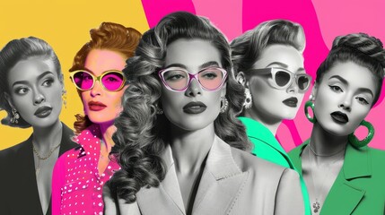Fototapeta premium Retro-styled women in vibrant pop art collage.
