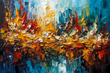 Abstract rough painting texture with oil brushstrokes in colourful colours. Pallet knife paint on canvas. Art concept background