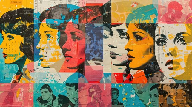 Fototapeta Retro-styled female portraits in a vibrant, pop-art collage.
