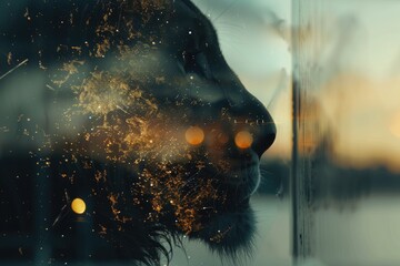 Fototapeta premium A lion's profile blended with the texture of a starry night sky in a double exposure 