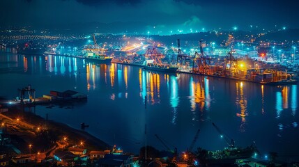 View of a bustling cargo port with container ships and cranes, reflecting lights on water.