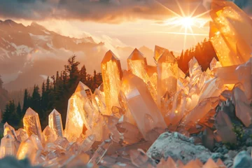 Fotobehang Warm oranje Crystal Mountains View, Crystals Landscape Illuminated By the Setting Sun, Copy Space