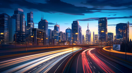 Fototapeta premium Big city skyline and traffic lights blur motion, skyscrapers and highway light tracks during rush hour