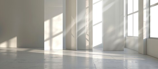 Fototapeta premium This room features large windows and pristine white walls, creating a bright and airy atmosphere. A sleek white panel adds a modern touch to the space, which is currently empty and waiting to be