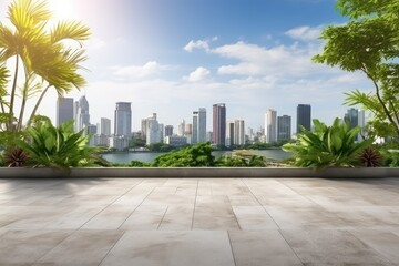 Fototapeta premium Concrete Floor Mockup with Cityscape, Downtown View from Cozy Space Surrounded by Tropical Plants