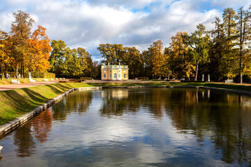 Fototapeta na wymiar Mirror Pond and Upper Bath Pavilion. Catherine Park. Tsarskoye Selo. Pushkin. Saint Petersburg. Russia