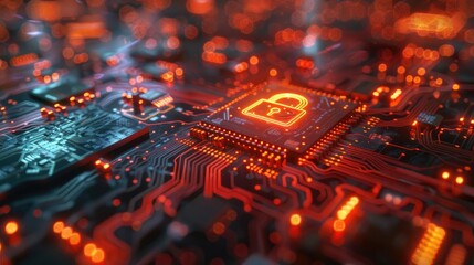 Cybersecurity concept on a glowing circuit board.