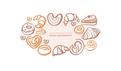 Isoplated vector set of croissants. Menu template. Bakery. Hand drawn template with pastries sketch. Fresh bakery. Shop. Pastry.