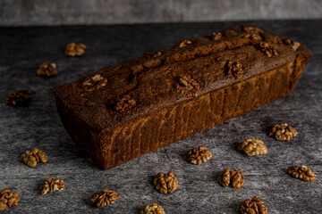 pudding with nuts gray background ready to eat