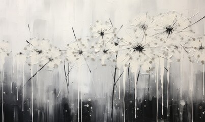 Oil Drawing Dandelion, Black and White Textured Dandelions Picture, Stylish Painting on Canvas - obrazy, fototapety, plakaty