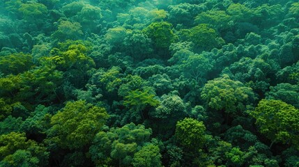Naklejka na ściany i meble Aerial view of dense, green forest canopy.