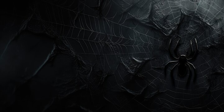 Black Creepy Background with Black Widow Spider, Dark Horror Mockup, Scary Cobweb Pattern