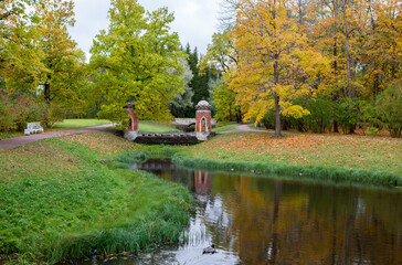 A cascade dam that maintains a constant water level in the Upper Ponds is the Red (Turkish) cascade. Catherine Park. Tsarskoye Selo. Pushkin. Saint Petersburg. Russia