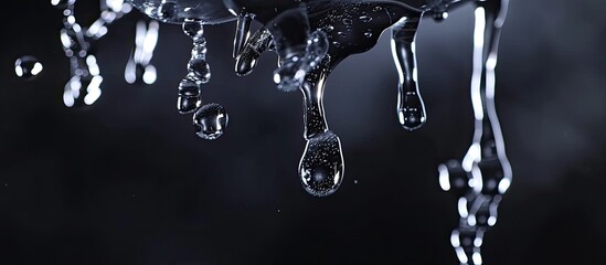 A black and white close-up shot capturing water droplets dripping from a faucet, showcasing the...