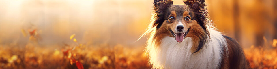 Happy beautiful collie dog on a blurred background of the autumn forest. Banner, panorama. Website header.