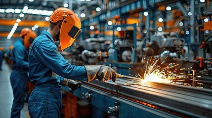 Industrial worker in orange helmet welding metal with sparks.