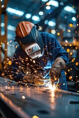 Welder in blue suit working with metal and producing sparks.