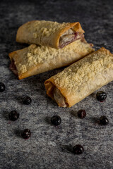 Homemade blueberry strudel gray background ready to eat