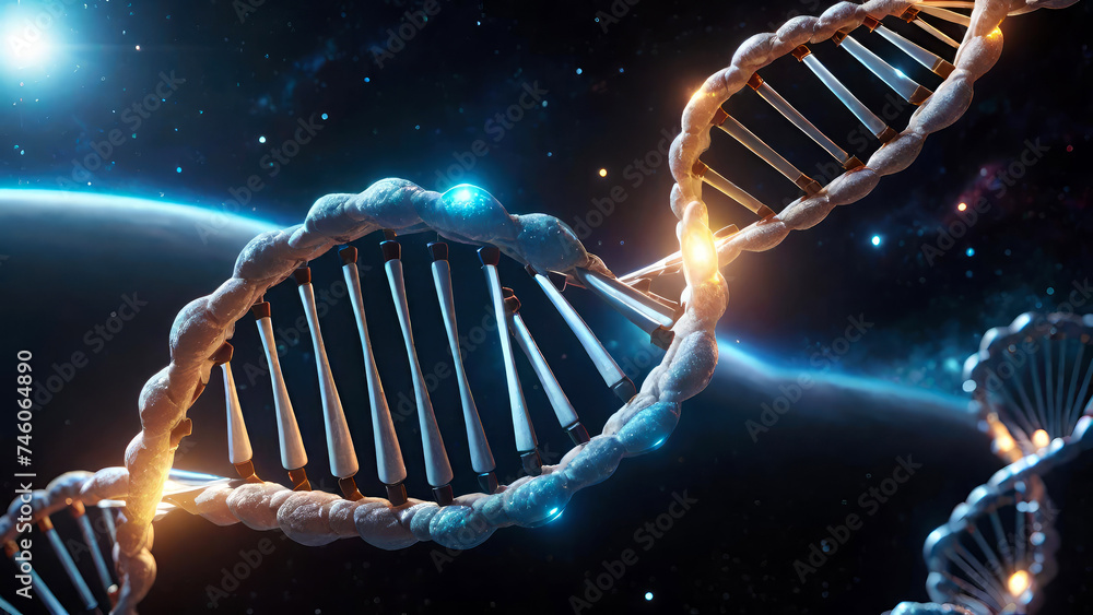Wall mural dna double helix structure, genetic code on blurred space galaxy background.evolution,gene sequencin