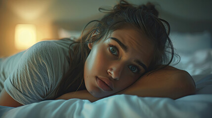 Intense gaze of a woman lying in bed, evocative lighting.
