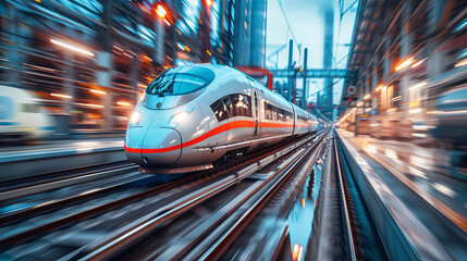 Modern high-speed passenger train speeding through an urban station with motion blur effect.