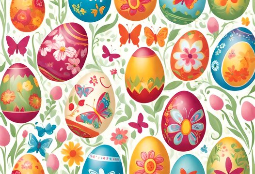 Spring's arrival through a captivating design that includes oversized Easter eggs painted in warm colors