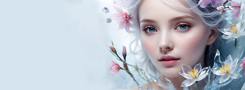 Beautiful blonde woman with flowers, water and ice around her head on light blue background. Spring,beauty and renovation concept.Art collage style. Banner for design.Generative AI.