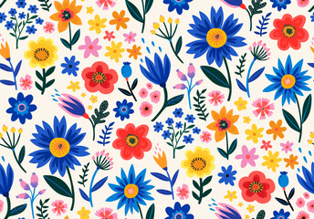 Fototapeta na wymiar Bold folk art flowers pattern, big blue, red and yellow flowers field, bright garden texture for print on paper and textile. Random ditsy detailed ornament