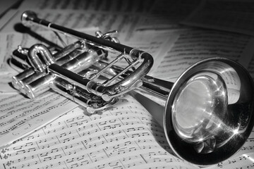 A view of the musical instrument which is the trumpet against the background of the sheet music © Damian Gretka
