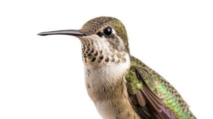 Ruby-throated Hummingbird male in flight; isolated on transparent
