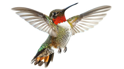 Ruby-throated Hummingbird male in flight; isolated on transparent