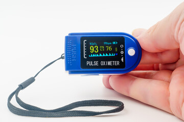 Medical pulse oximeter with an LCD. SpO2, Assessment of blood oxygen saturation. Medical monitoring...