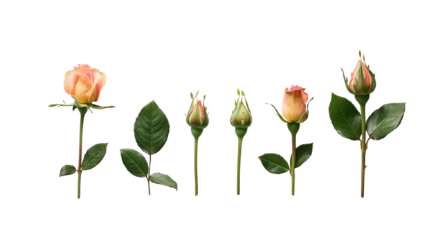 Blooming stages of rose flower on transparent background