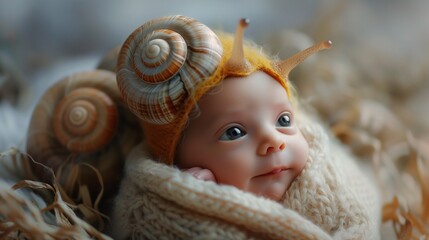 cute little newborn wit snail eyes sleeping - obrazy, fototapety, plakaty