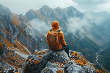 An adventurous hiker in orange gear sits on a rock, contemplating a majestic mountain valley - obrazy, fototapety, plakaty