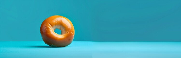 crispy bagel with seeds on blue background for breakfast and a copy space