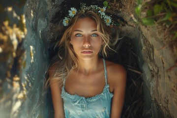 A girl reclines in a tree hollow adorned with wildflowers gazing upwards